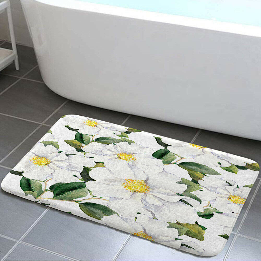 White Flowers and Green Leaves Shower Curtain Toilet Cover Rug Mat Contour Rug