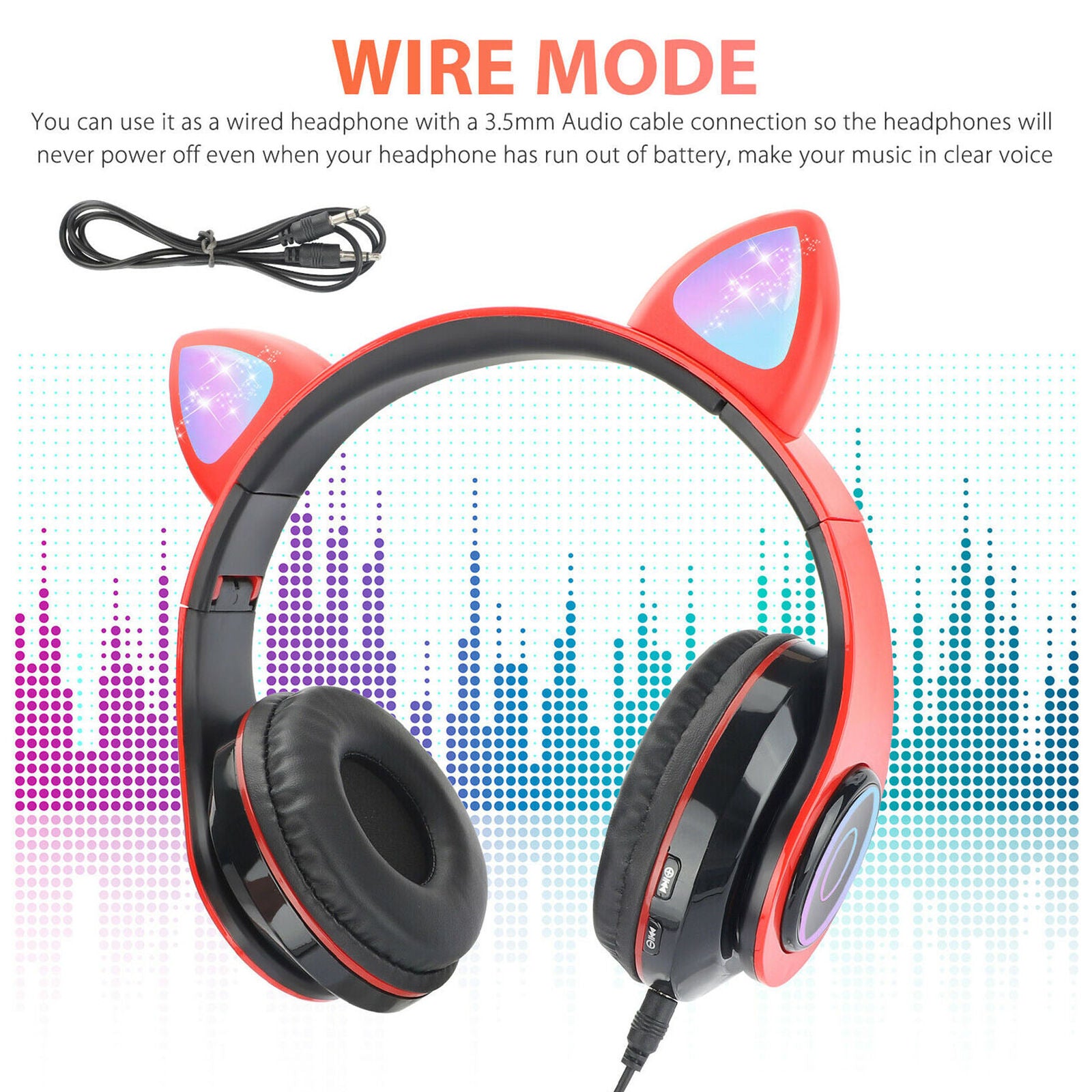 Bluetooth 5.0 Wireless Cat Rabbit Ear Headset LED w/Mic Headphone For Kids Girls