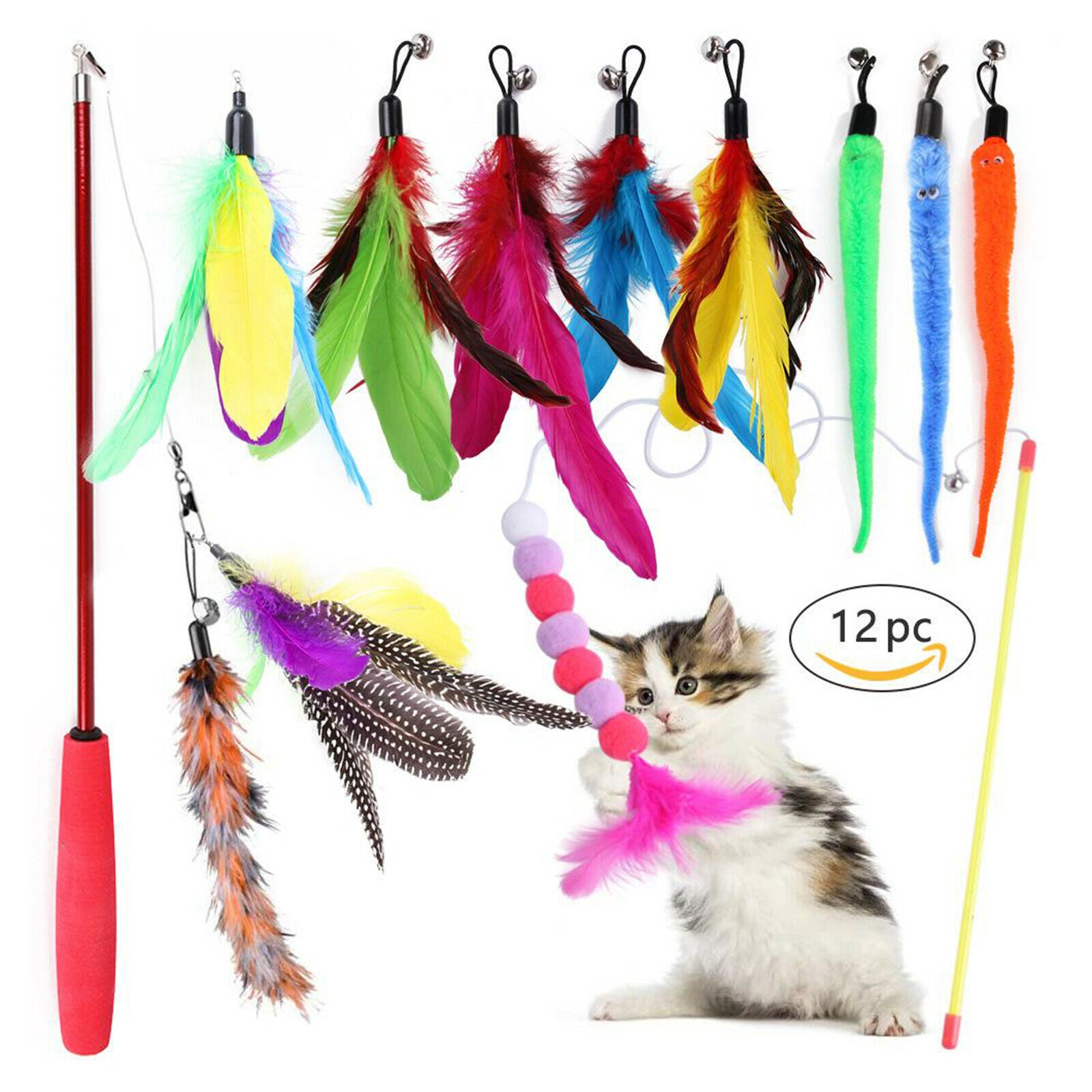 10pcs Cat Teaser Wand Toys w/Refills Interactive Kitten for Cats Playing,Trainin