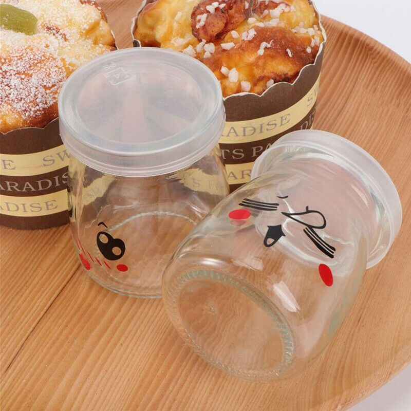 6PCS Pudding Bottles Cute Face Heat-resistant Glass Jelly Yogurt Jar Contain KX