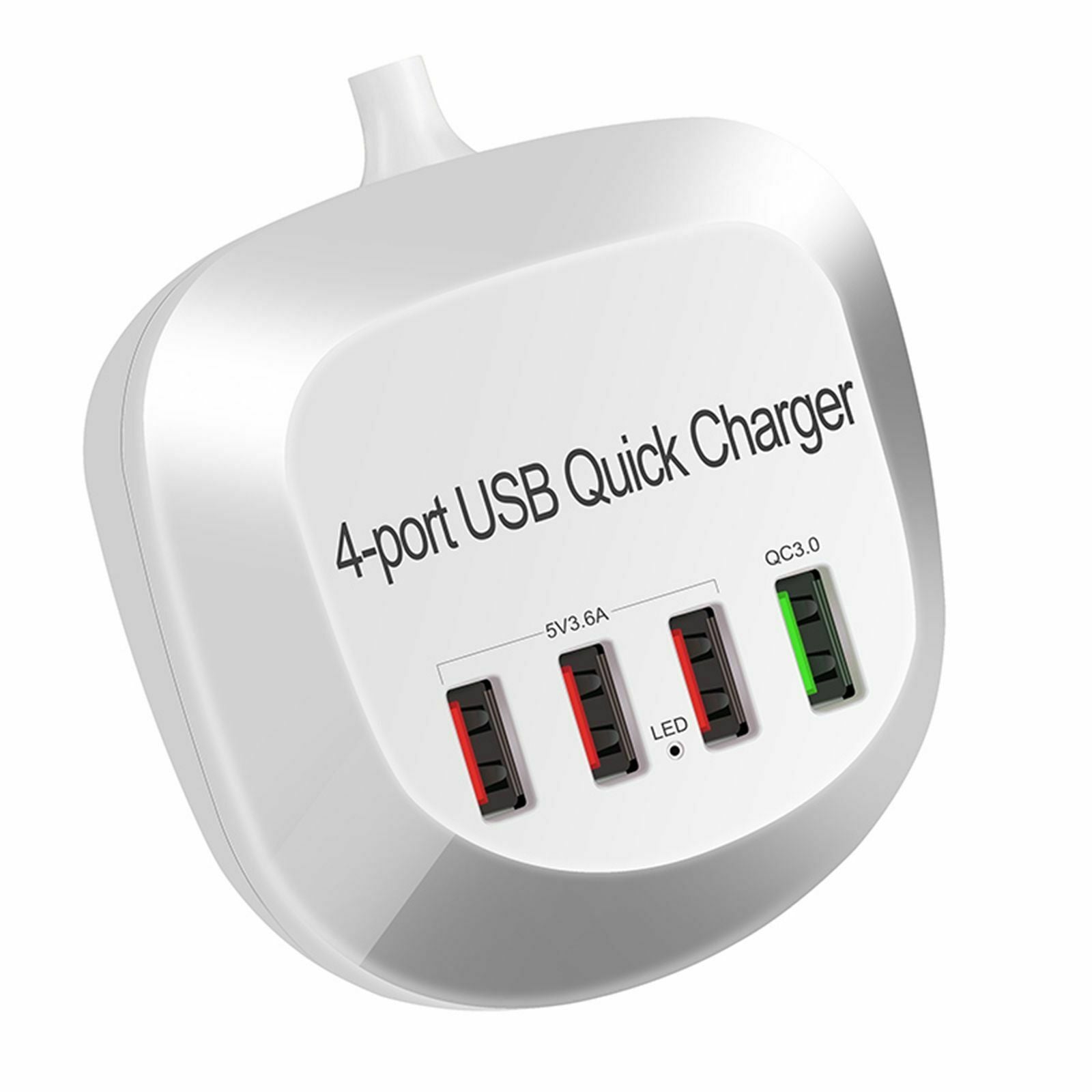USB Charger Hub with QC 3.0 4 USB Ports 115cm Cord White Compact Plug-US