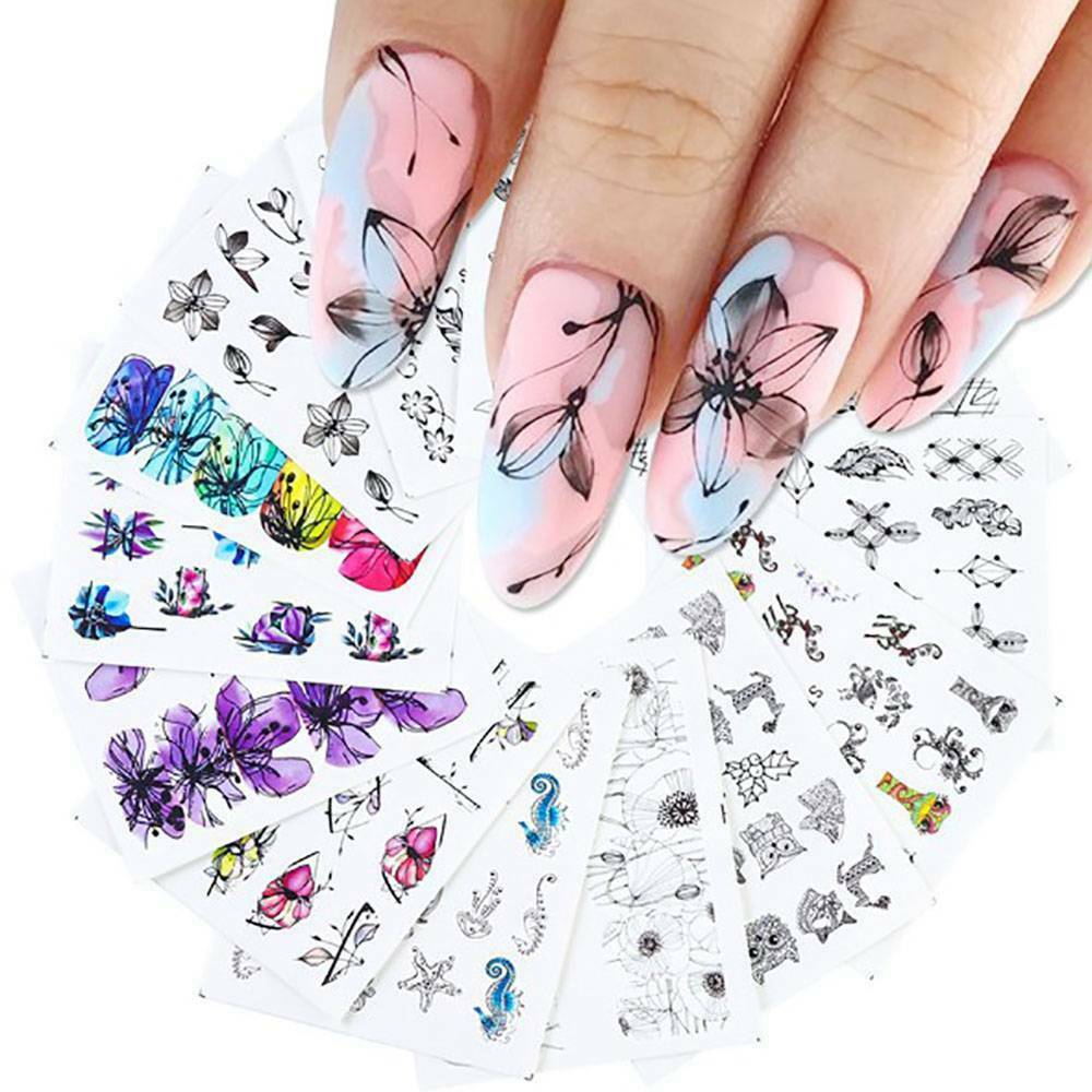 14Pcs Flower Nail Stickers Water Transfer Decals Manicure Nail Art Decor new us~