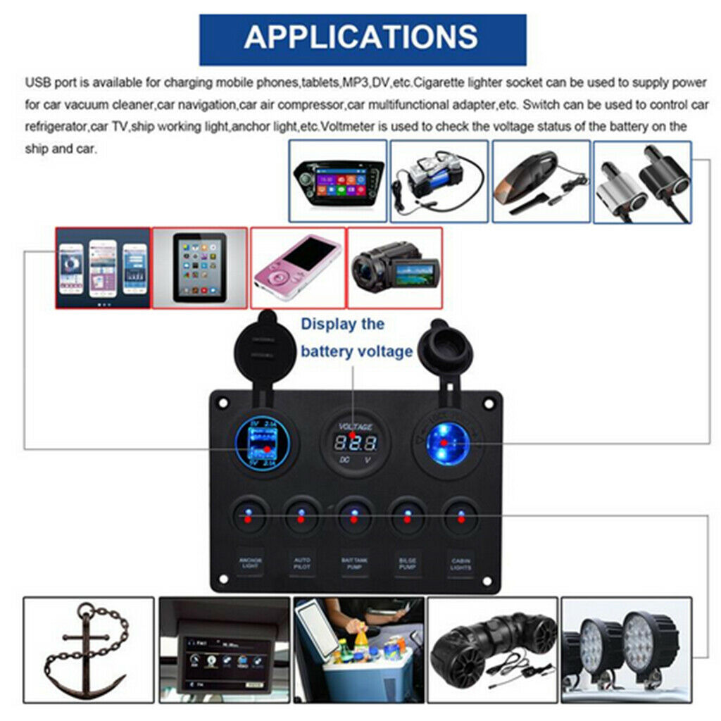 12V 6 Gang LED Rocker Switch Cigarette Lighter USB for 12V-24V RV Yachts,