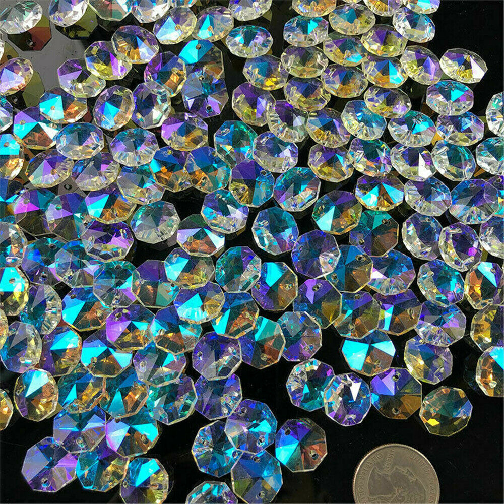 100x AB Aurora Octagonal Bead Crystal Chandelier Suncatcher Prisms Part Pendants