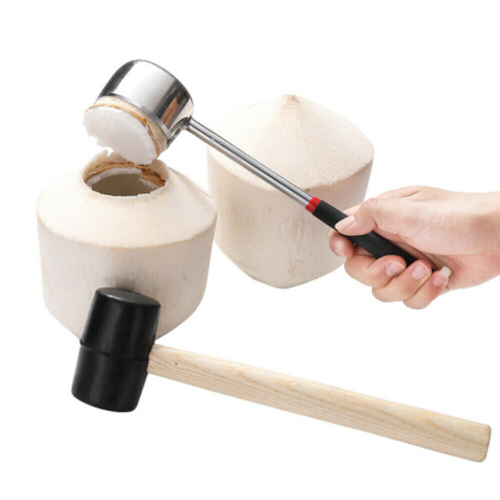 2Pcs/Set Stainless Steel Coconut Shell Opener Puncher Rubber Hammer Kitchen Tool