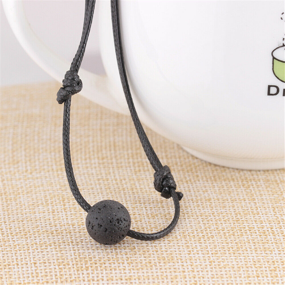 Women Men Natural Lava Stone Bead Diffusion Pendant Black Leather Cord Necklace