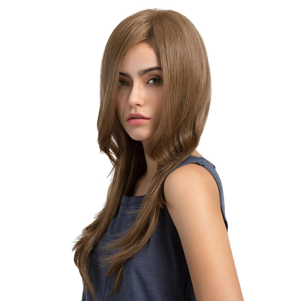 Women Side Parting Brown Long Natural Wave Straight Synthetic Hair Full Wig