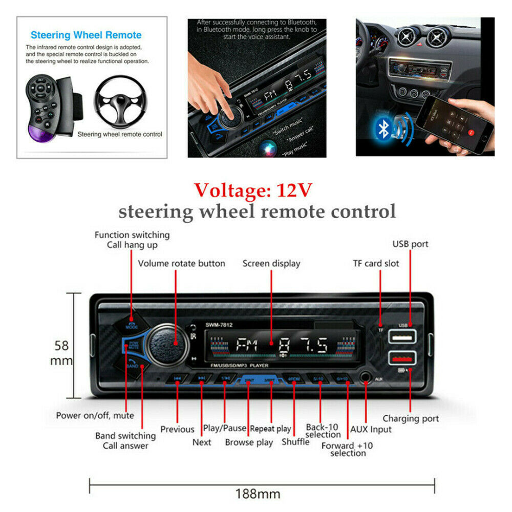 12V Car Bluetooth FM Radio AUX Audio MP3 Player WMA/WAV/FLAC Card Reader U Disk