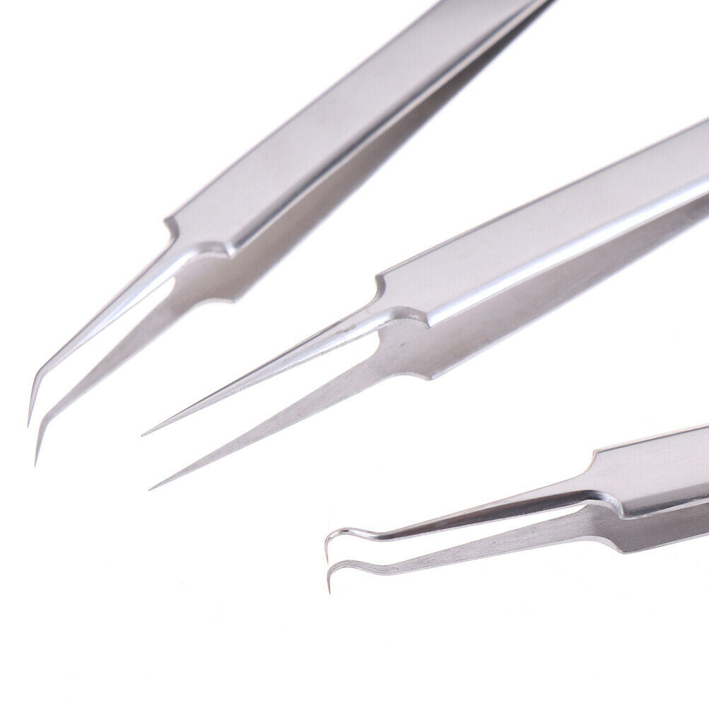 3PCS Precision Tweezers Stainless Steel Curved Fine Tip acne Tweezers Pli Rf