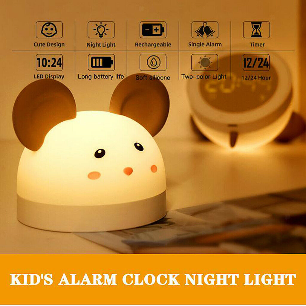 Desk LED Kid Digital Alarm Clock Cute USB Rechargeable Night Light Wake up