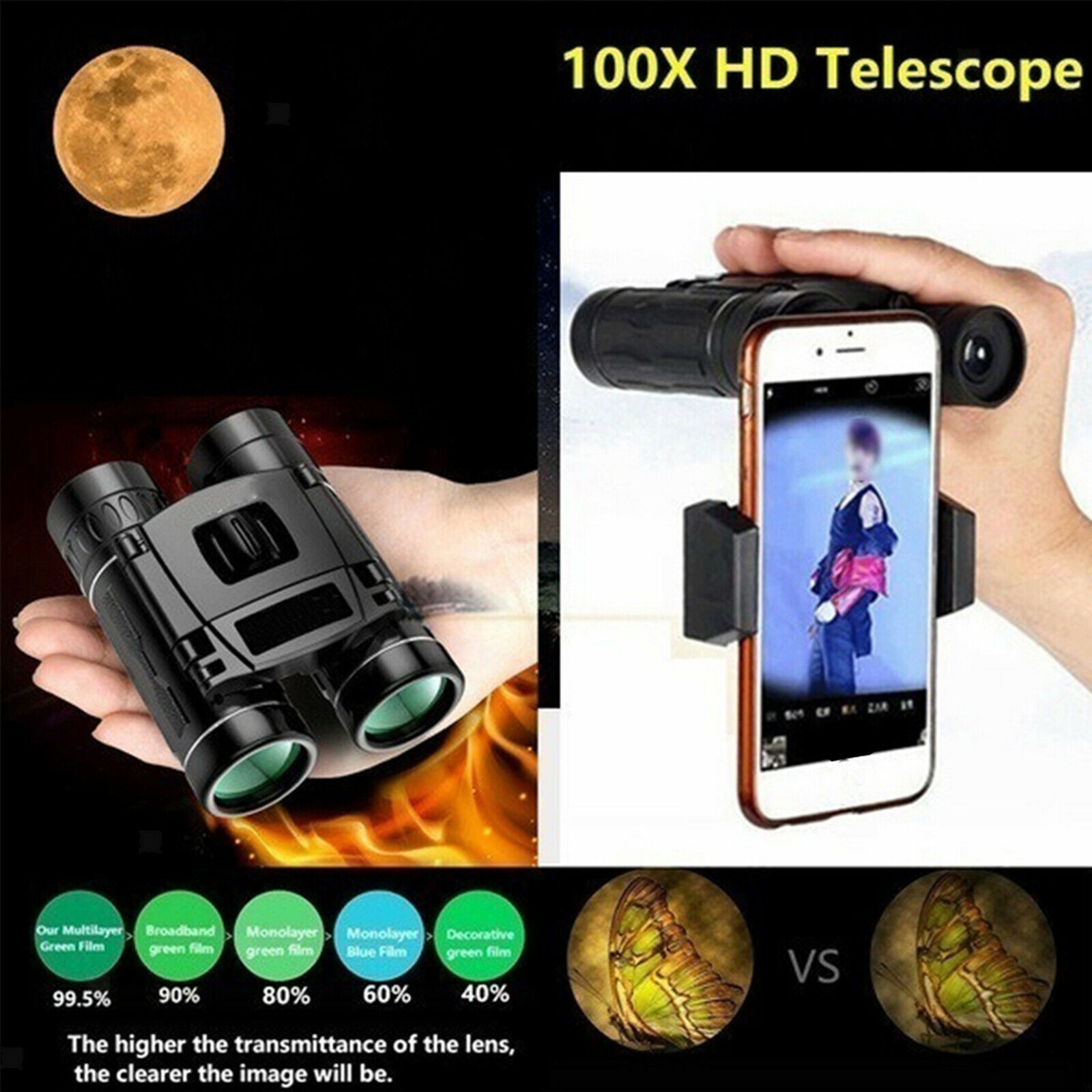 100x22 Compact Binoculars BAK4 Prism HD Phone Telescope Adults Kids Outdoor