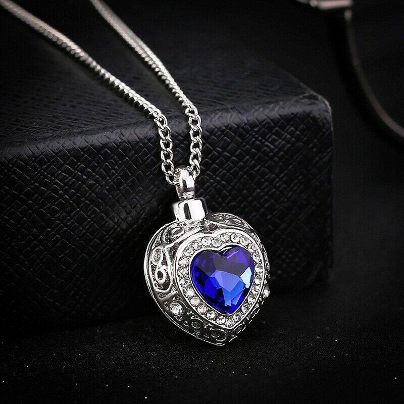 Urn Cremation Heart Blue Crystal Pendant Ash Holder Memorial Necklace Jewe.l8