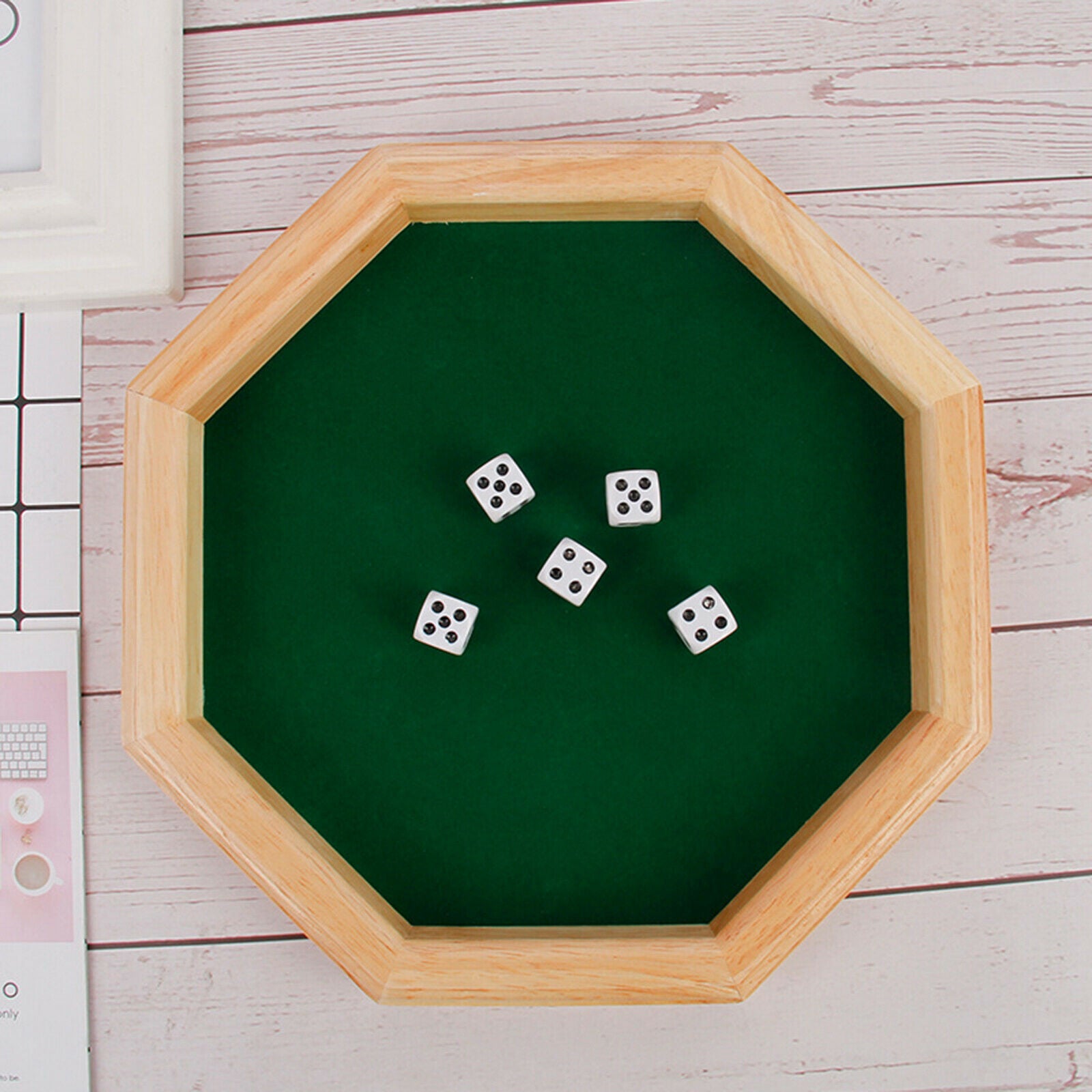 12"Octagonal, Felt-Lined, Wooden Dice Tray - Natural Wood Finish - with 6-Sided