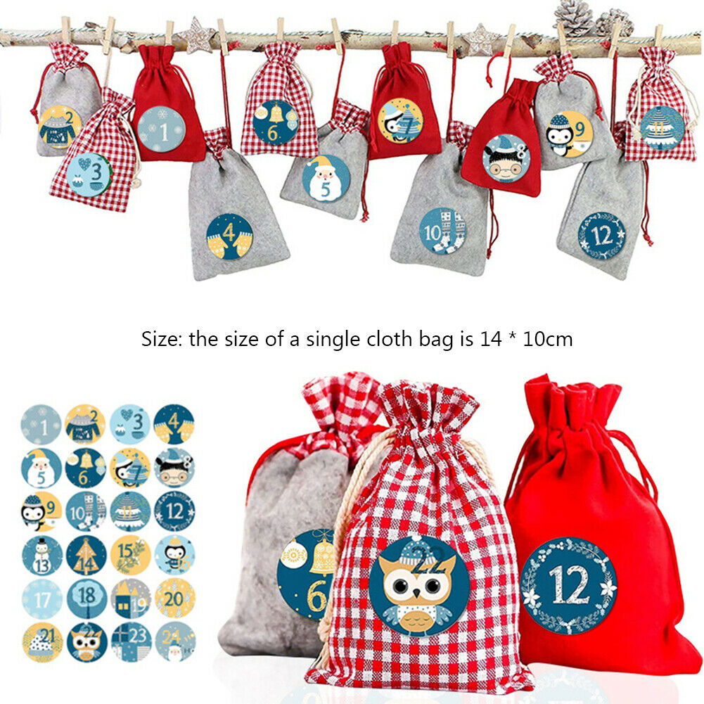 24pcs Christmas Advent Calendar Gift Bag 24 Days Hanging DIY Xmas New Year Decor