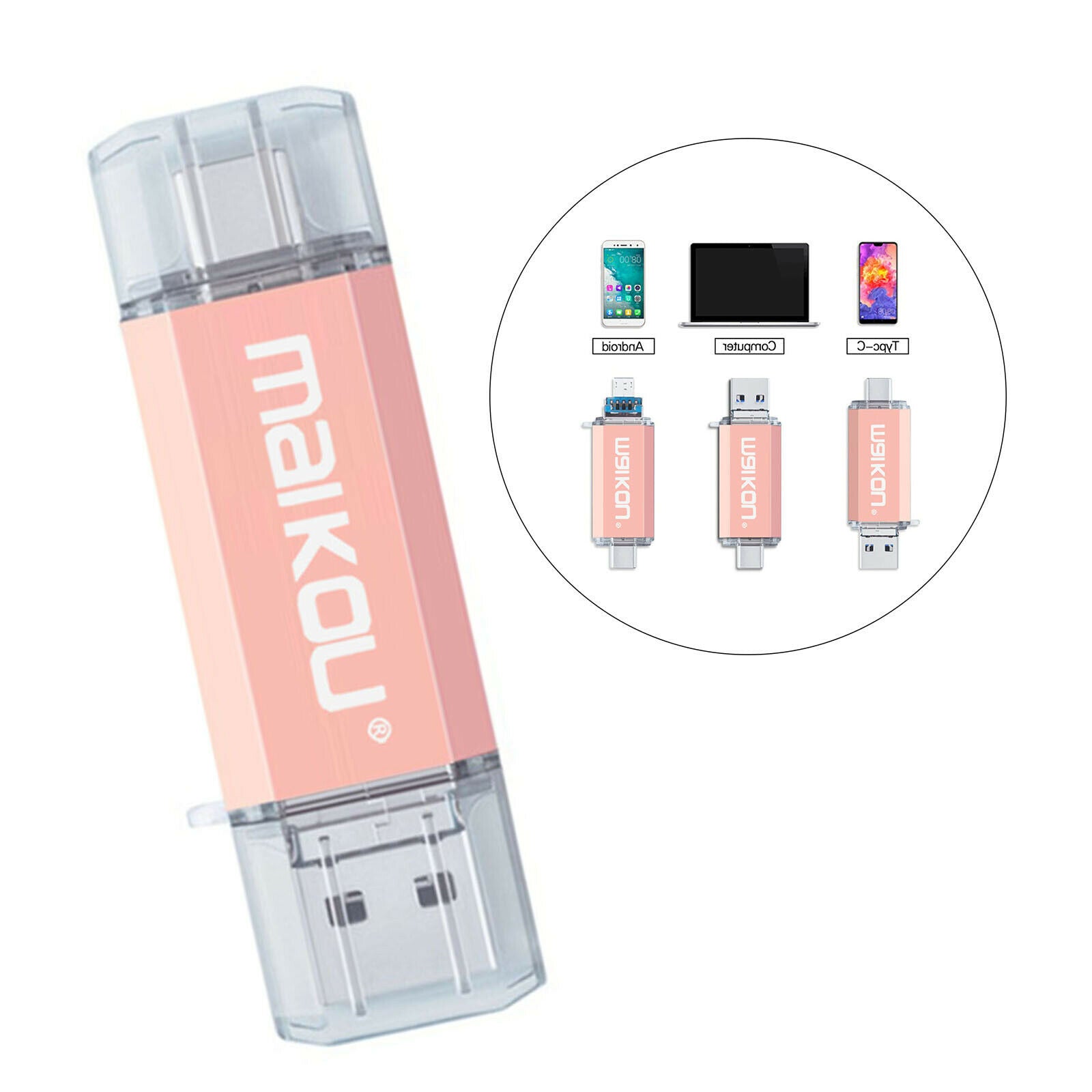 3 in 1 128GB USB Flash Drive Type-C&Micro USB Memory Stick for Phone PC Pink
