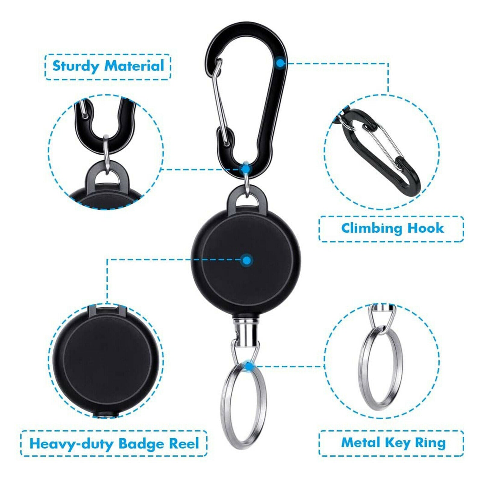 5Pcs Retractable Key Chain Reel 68cm Steel Wire Keychain ID Card Retracting