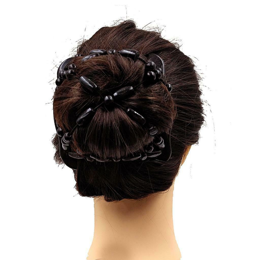 Elastic Double Hair Comb Hair Clip Hair Clip With Wooden Beads Black For Buns,