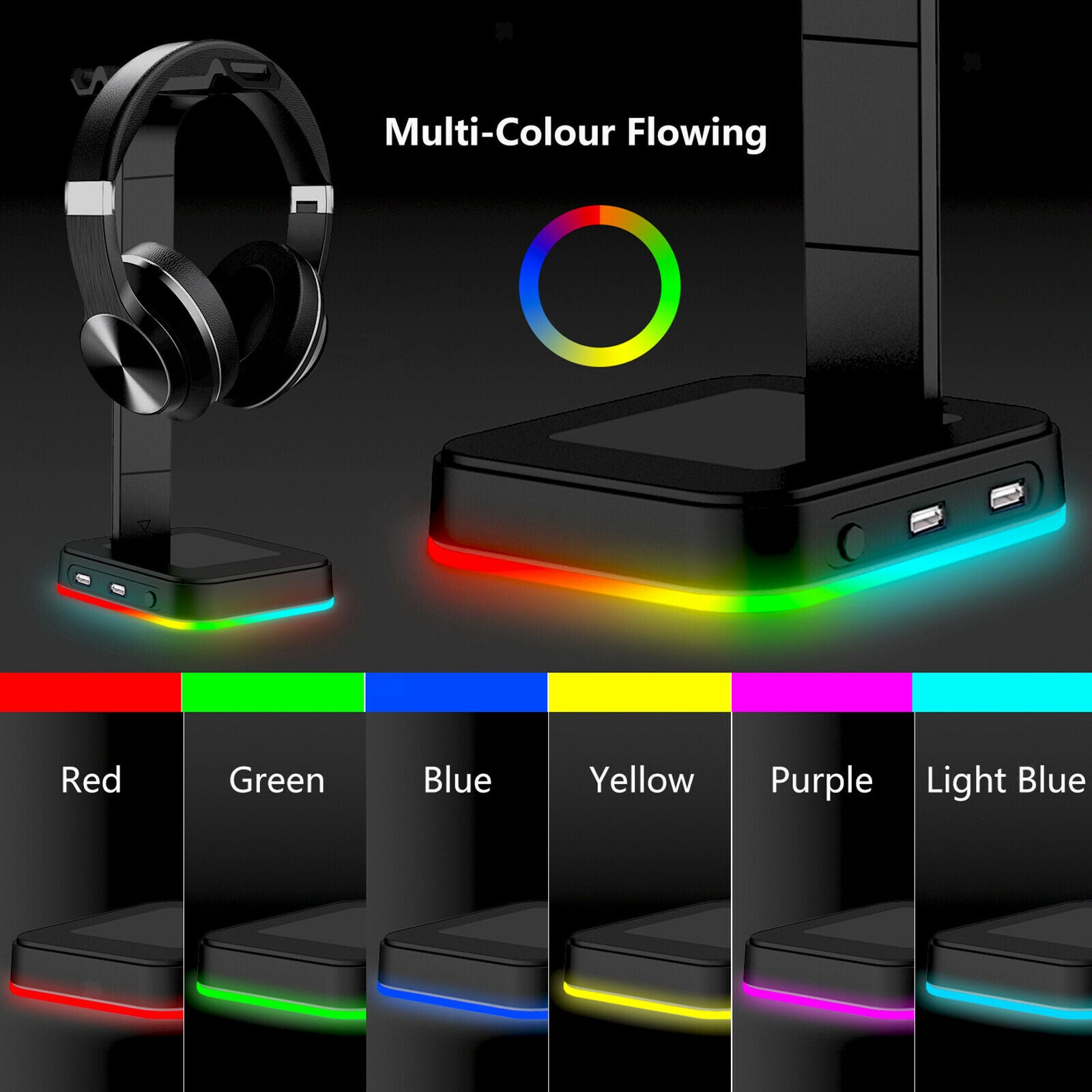 RGB Gaming Headphones Stand Desk Dual Headset Hanger Holder Base Display