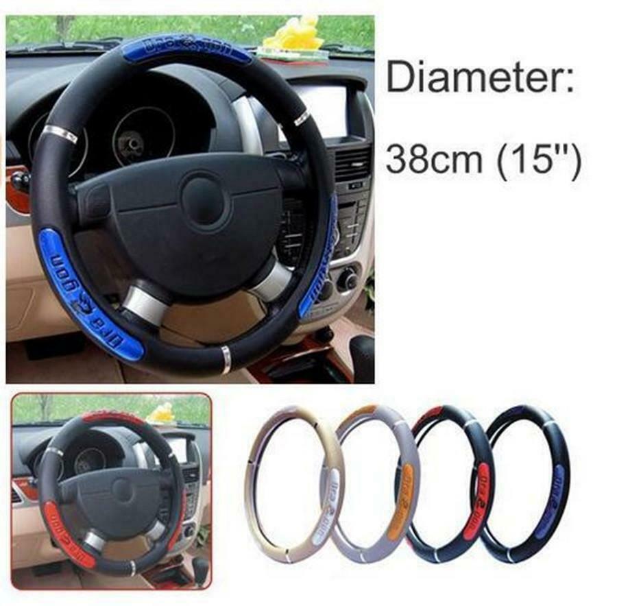 Universal Car Steering Wheel Cover Black & Blue PU Leather Non-Slip Good Grip