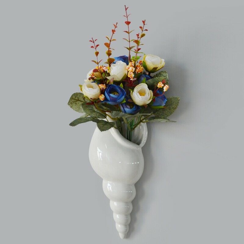 Modern White Ceramic Sea Shell Conch Flower Vase Wall Hanging Home Decor LivinB7