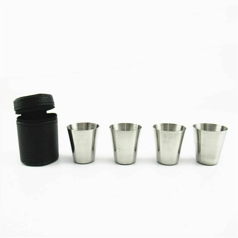 8X Portable Stainless Steel Shot Glass Cup Drinking Mug+2X PU Leather Cover Case
