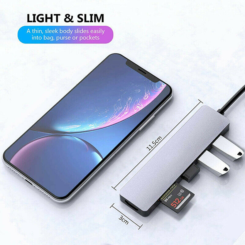 6 in 1 USB C Hub Type C to USB3.0 HDMI PD Card Reader Adapter for MacB LpC Tt