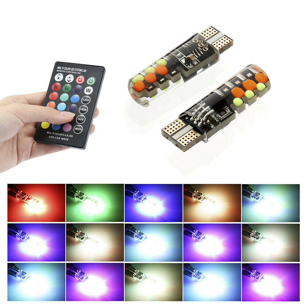 2* 5050 6SMD RGB T10 LED Car Wedge Side Light Reading Lamp Bulb + Remote Control