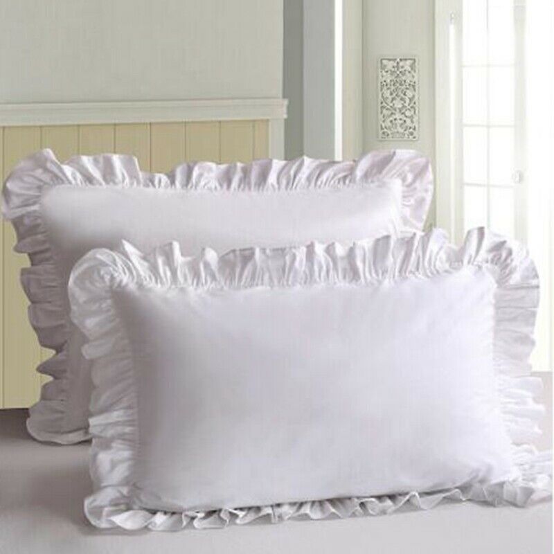 2Pcs White Pillowcase Bedding Cotton Solid Ruffle Pillow Sham Princess EuropeaK7
