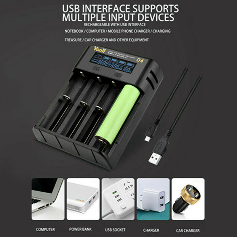 Intelligent LCD Charger 4 Slot For 18650 21700 26650 Lithium AA AAA Nimh Battery
