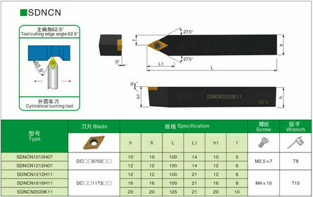 62.5° SDNCN1212H07 lathe External Turning Tool Holder +DCMT070204 Turning insert