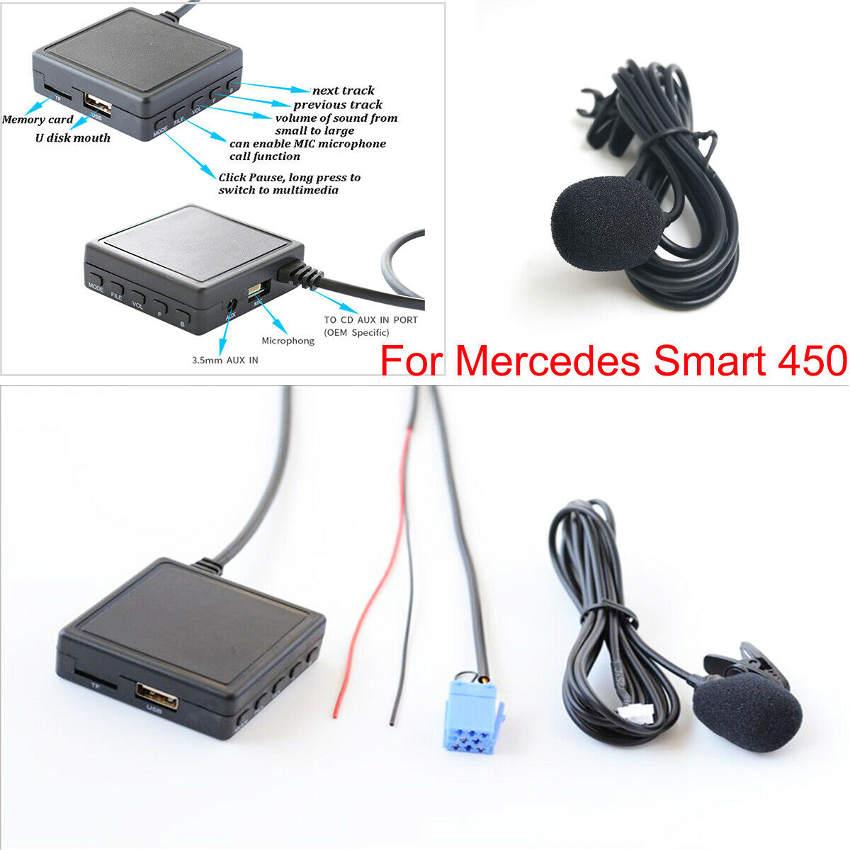 1PCS Car Bluetooth Adapter AUX Auxiliary Cable Microphone For Mercedes Smart 450