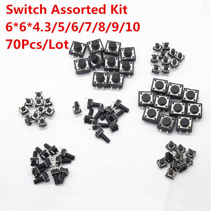 70pcs  6x6x6 mm ON/OFF Touch Button Micro Switch Assorted KIT DIP 4 Pin 6*6*5