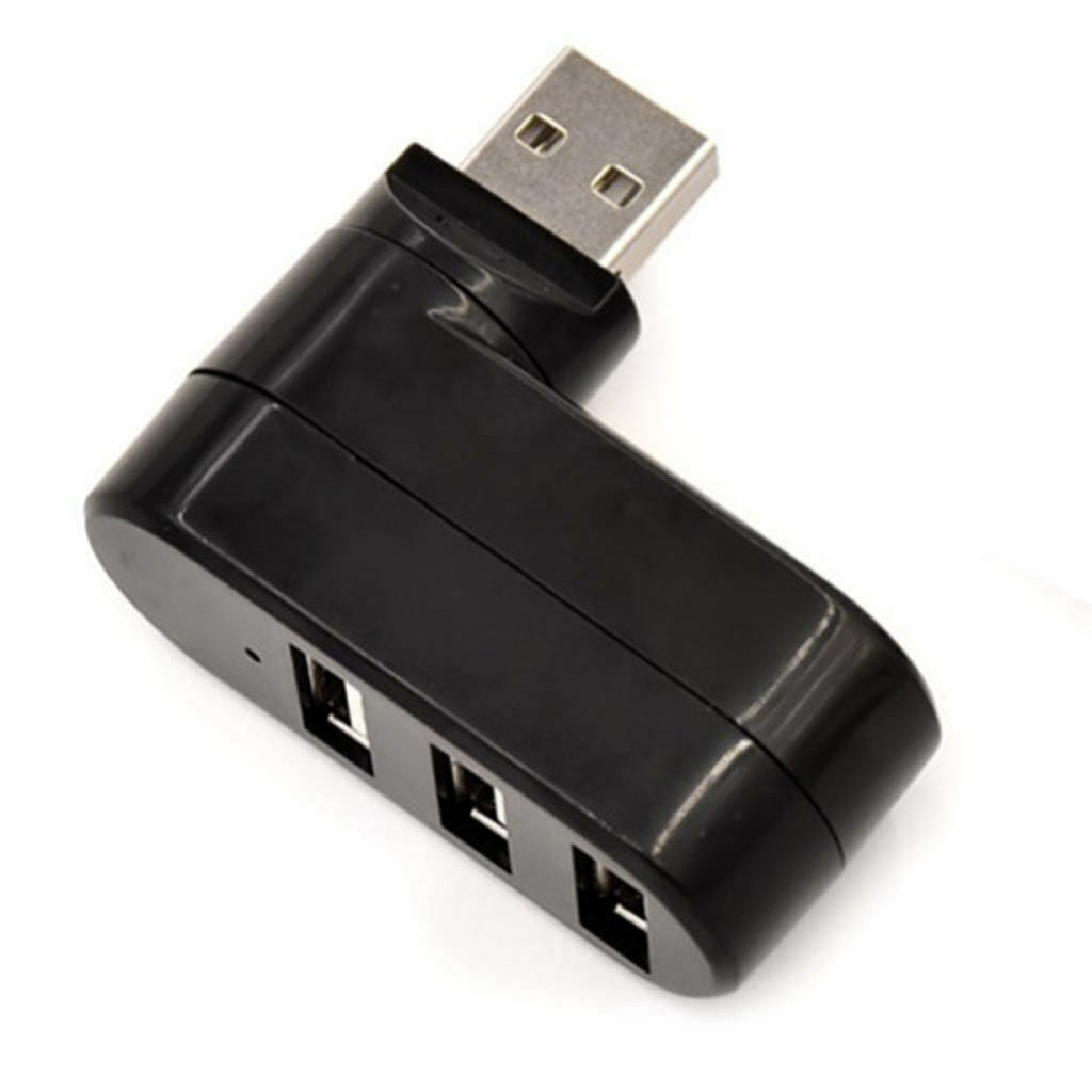Premium Mini 3-Port USB 2.0 90°/180° Degree Rotatable Hub Adapter, Black