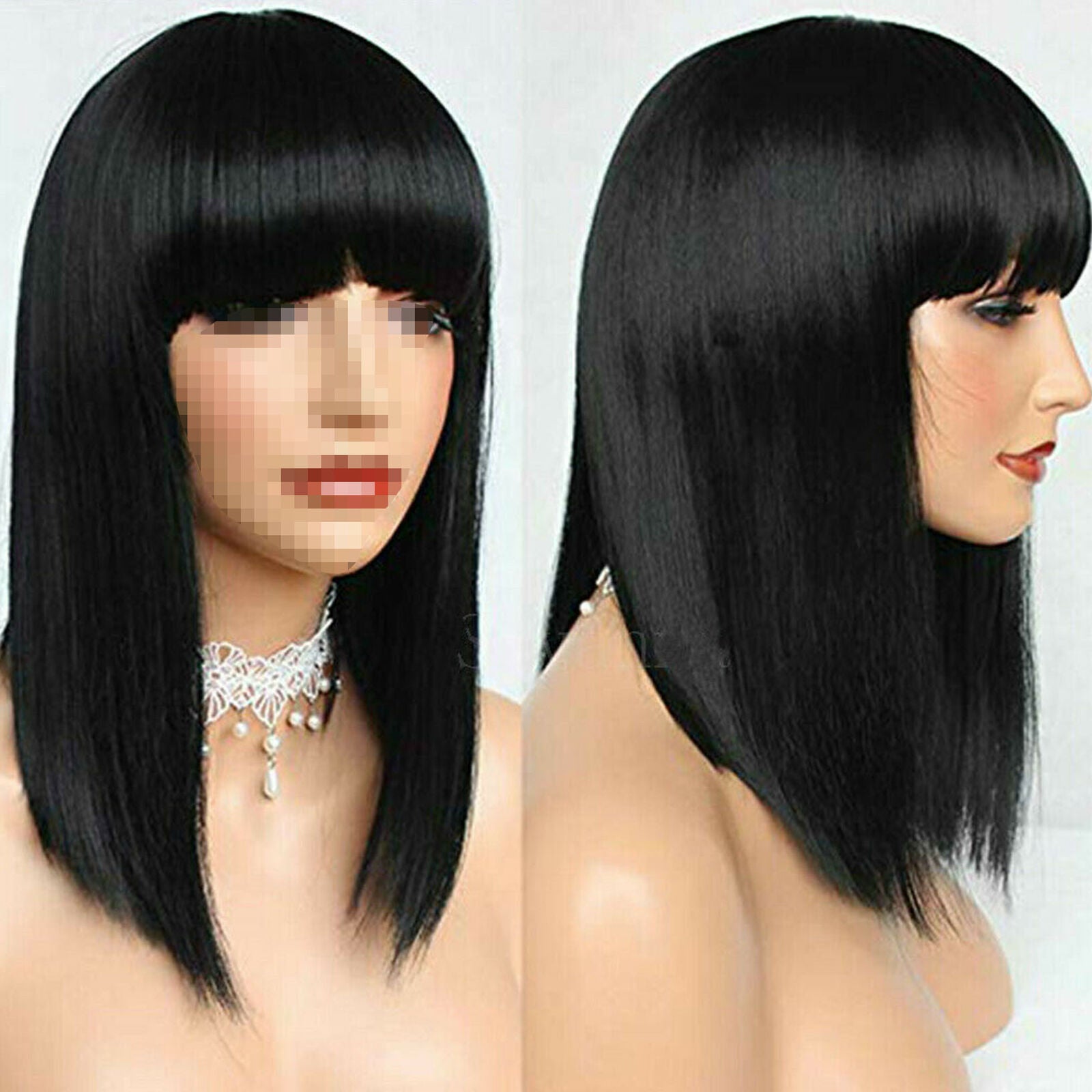 Short Bob Straight Full Bangs Synthetic None Lace Wig Glueless Black Hair Wigs