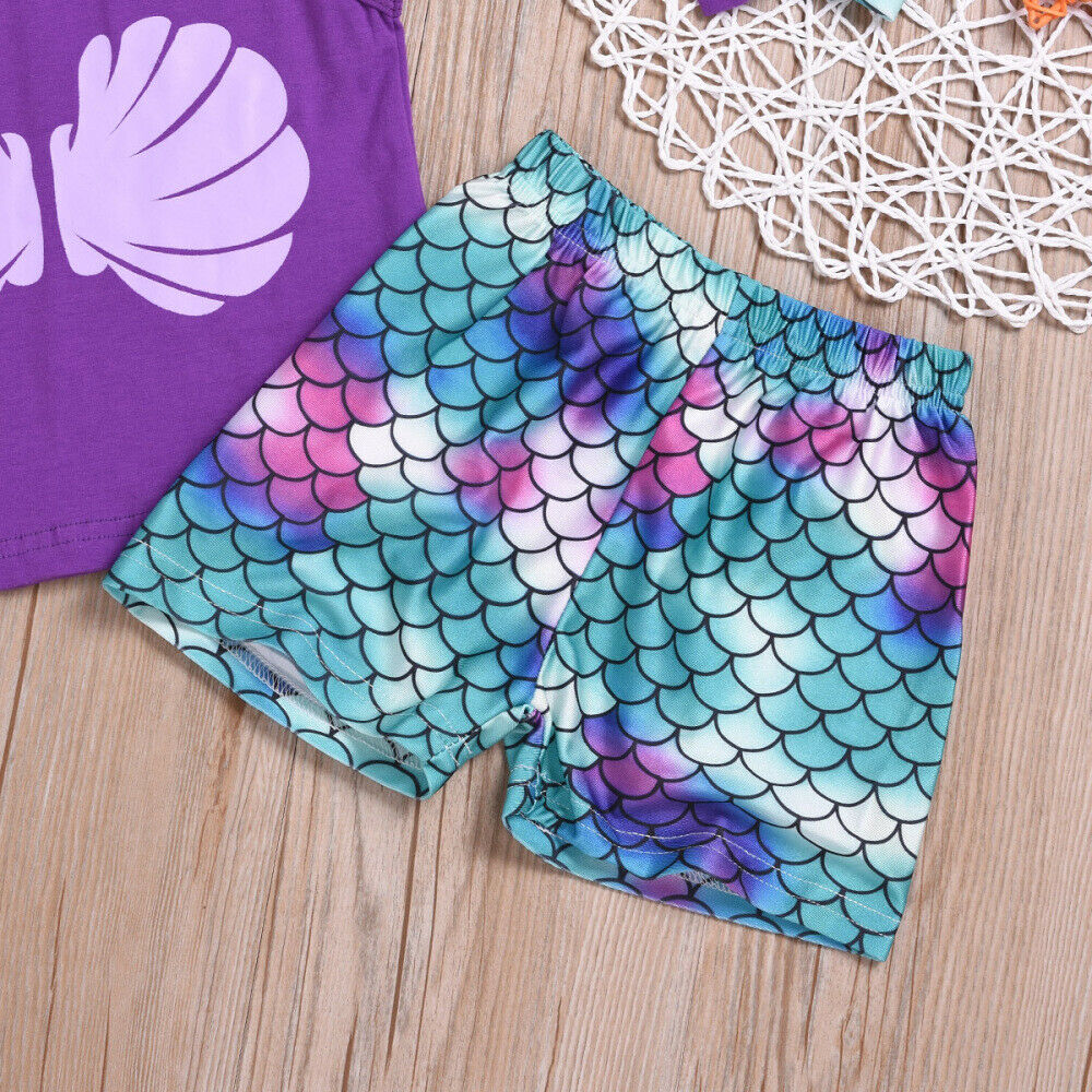Baby Girl Clothes Mermaid Tank Top + Shorts Pants + Headband Outfit Summer Set