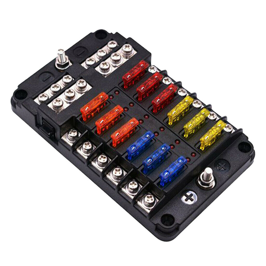 12 Circuit Automotive Fuse Holder LED Illuminated for Car Marine RV Yacht