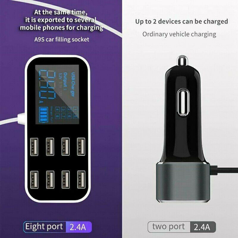Car 8 Ports USB Fast Charger Multi USB Phone Charging Station LCD Display