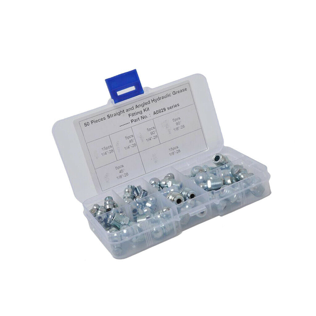 50 Pieces Universal Grease Zerk Fitting Assortment Tool SAE Kit 1/4" 1/8