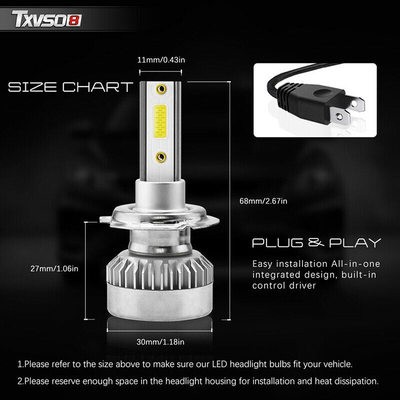 1Pair TXVSO8 H7 COB LED Headlight Bulbs 110W 20000LM High Low Beam White Lil Fx