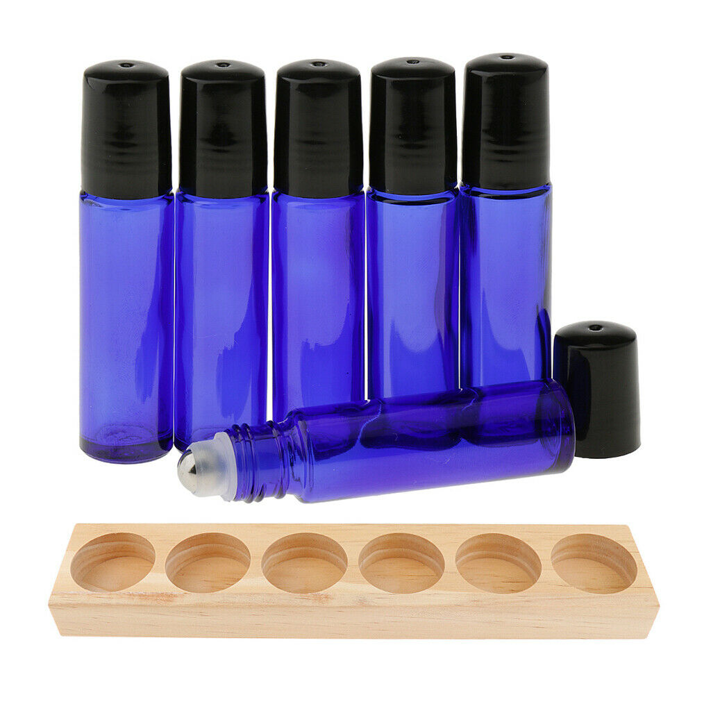 Wood Essential Oils Box Display Case Holder Stand  +6 Roll On Glass Bottles