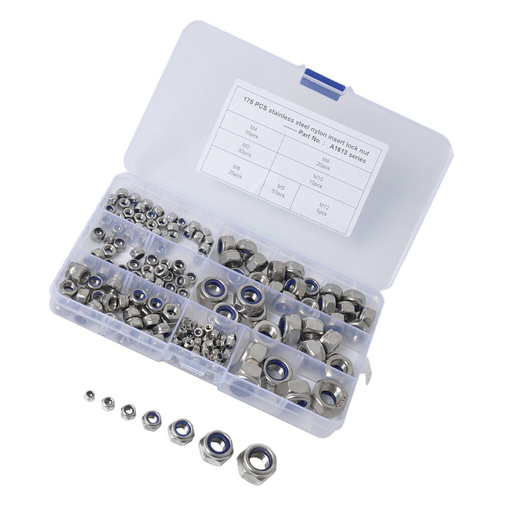 Set Of 175 Stainless Steel M3 M4 M5 M6 M8 M10 M12 Nylon Insert Lock Hex Nuts