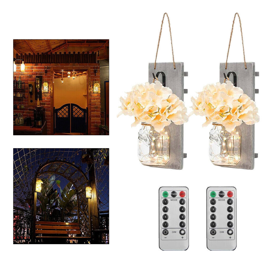 2Pcs Rustic Mason Jar Wall Sconce Fairy Light 20LEDs Remote Control Flower
