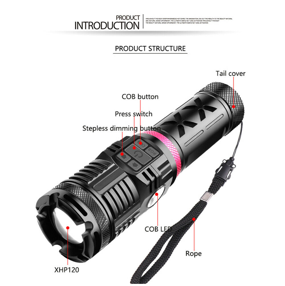 XPE120 COB LED Zoomable USB Rechargeable Flashlight Waterproof Torch Work Light