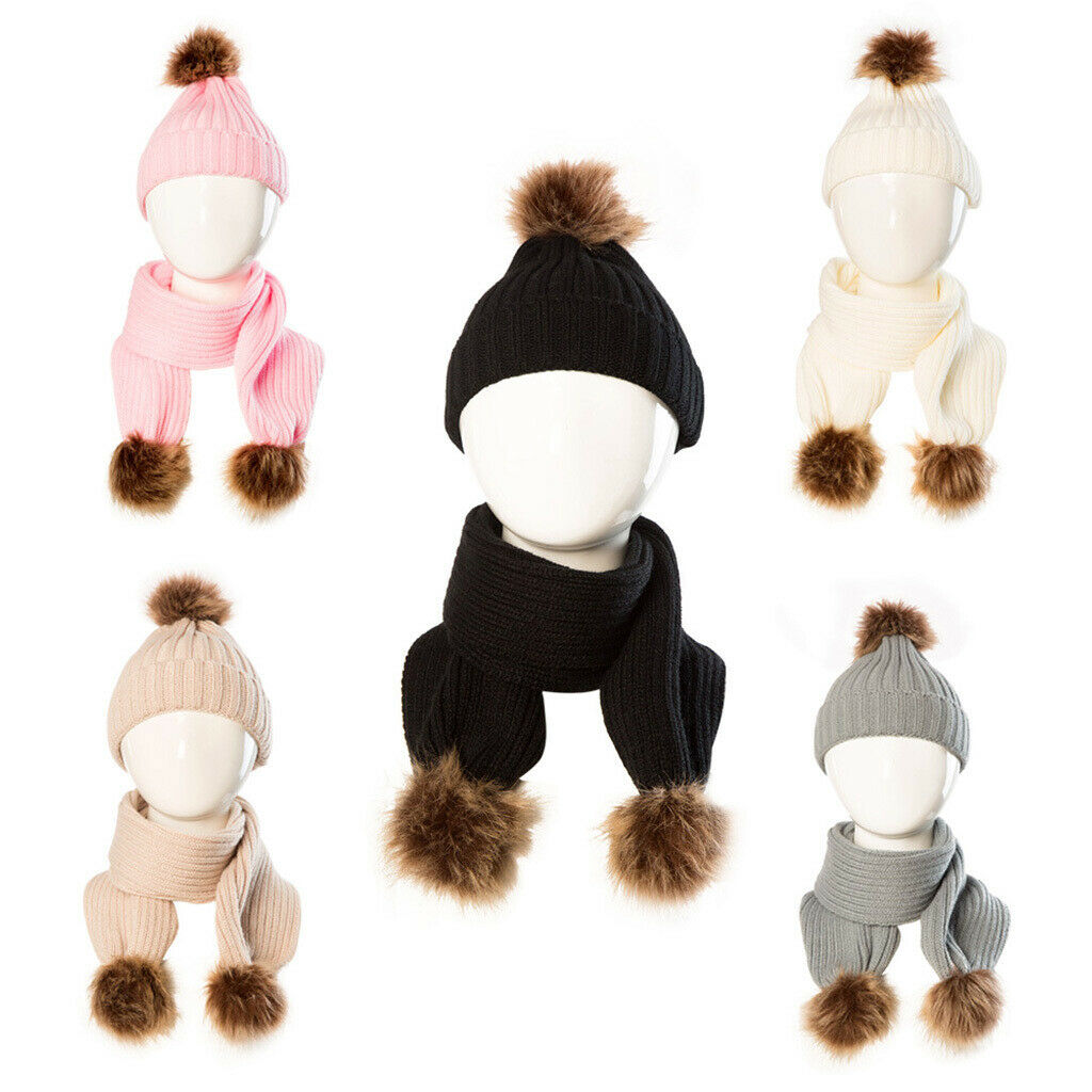 Toddler Kids Baby Winter Warm Pom Bobble Hat Knit Beanie   Scarf Set Black