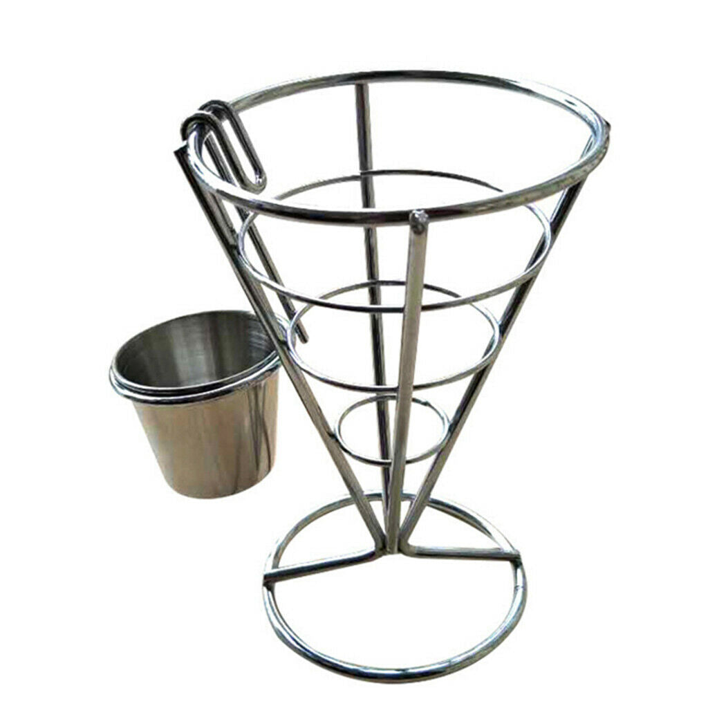 Stainless French Fry Stand Cone Basket Holder with Dip Bowl for Chips Snack