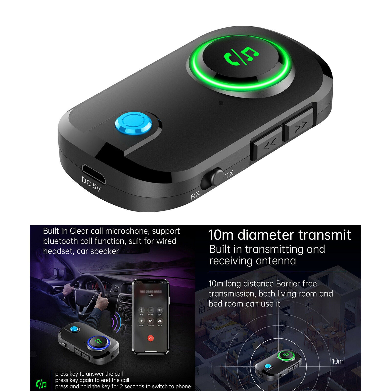 Low Latency Car  5.0 Adapter Transmitter & Receiver Multifunction