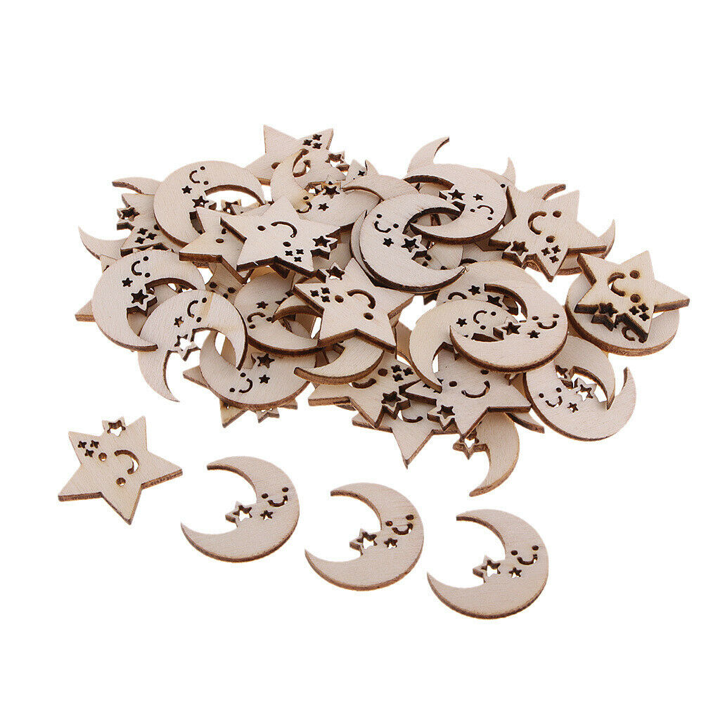 50 Pieces Wooden Moon Stars Embellishments Unfinished Wood Chips for Taking