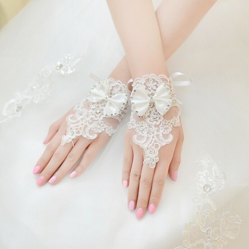 Women Lace Wedding Gloves White Fingerless Bow Bridal Party Evening Wrist Gloves