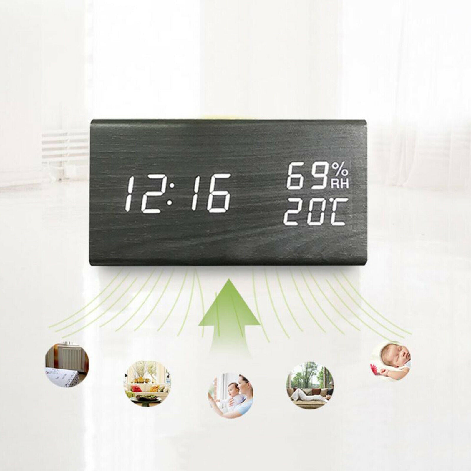 Large Wooden LED Digital Alarm Clock Dimmer USB Charging Bedroom Clocks