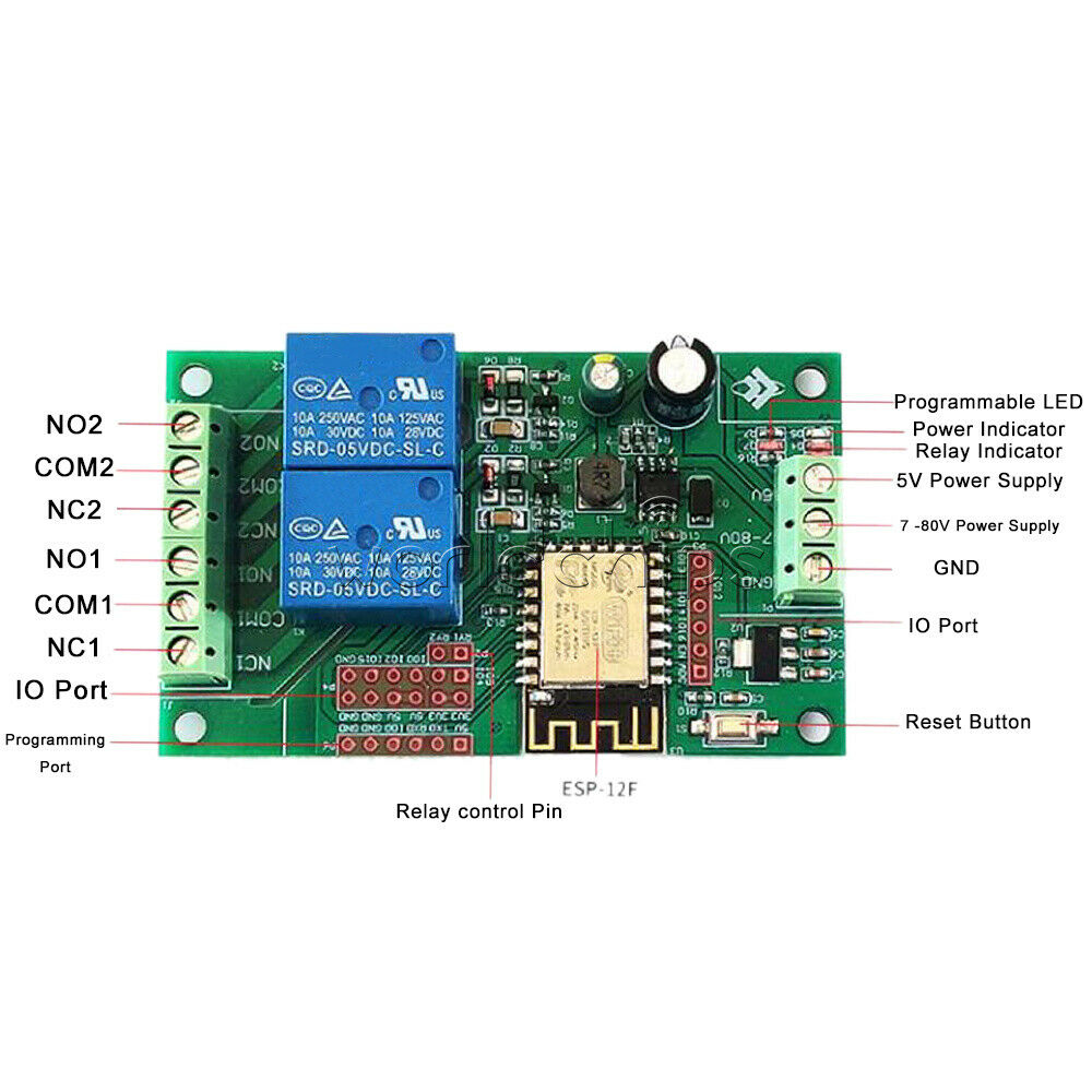 ESP8266 WIFI Dual Channel Relay Module 5V Power Supply ESP-12F Development Doard